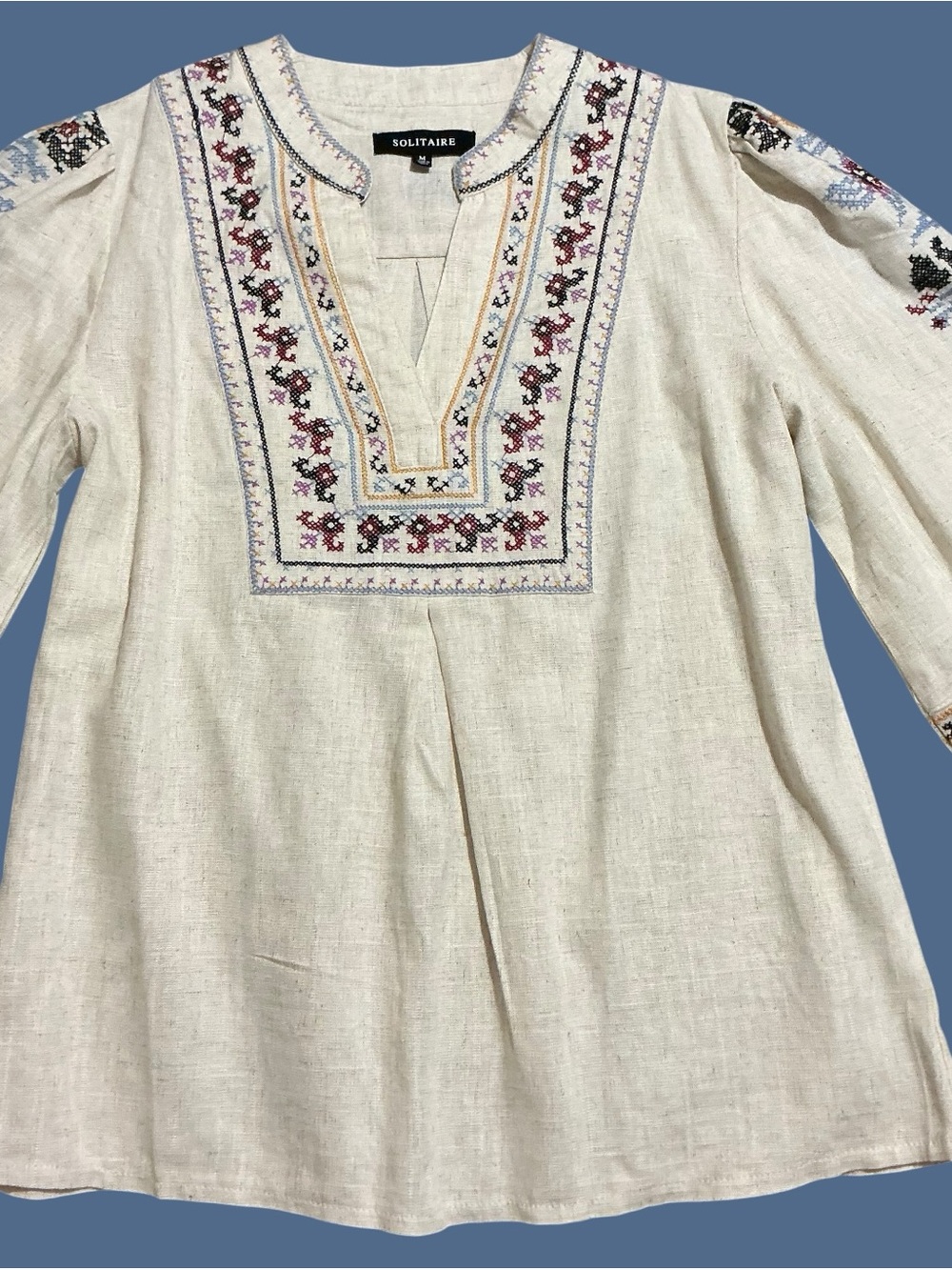 Solitaire Cross Stitch Embroidered Linen Blend Peasant Blouse Medium